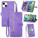 For iPhone 15 Plus Embossed Flower Zipper Leather Phone Case(Purple)