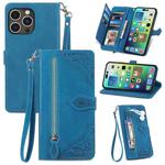 For iPhone 15 Pro Max Embossed Flower Zipper Leather Phone Case(Blue)