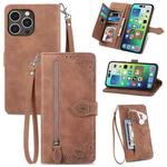 For iPhone 15 Pro Max Embossed Flower Zipper Leather Phone Case(Brown)