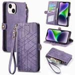 For iPhone 14 Geometric Zipper Wallet Side Buckle Leather Phone Case(Purple)