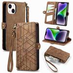 For iPhone 14 Plus Geometric Zipper Wallet Side Buckle Leather Phone Case(Brown)