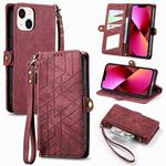 For iPhone 13 Geometric Zipper Wallet Side Buckle Leather Phone Case(Red)