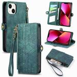 For iPhone 13 Geometric Zipper Wallet Side Buckle Leather Phone Case(Green)
