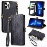 For iPhone 13 Pro Geometric Zipper Wallet Side Buckle Leather Phone Case(Black)