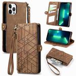 For iPhone 13 Pro Max Geometric Zipper Wallet Side Buckle Leather Phone Case(Brown)
