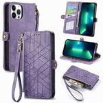 For iPhone 13 Pro Max Geometric Zipper Wallet Side Buckle Leather Phone Case(Purple)