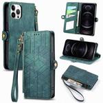 For iPhone 12 / 12 Pro Geometric Zipper Wallet Side Buckle Leather Phone Case(Green)