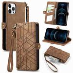 For iPhone 12 Pro Max Geometric Zipper Wallet Side Buckle Leather Phone Case(Brown)