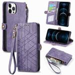 For iPhone 12 Pro Max Geometric Zipper Wallet Side Buckle Leather Phone Case(Purple)