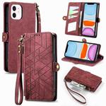For iPhone 11 Geometric Zipper Wallet Side Buckle Leather Phone Case(Red)