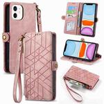 For iPhone 11 Geometric Zipper Wallet Side Buckle Leather Phone Case(Pink)