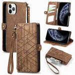 For iPhone 11 Pro Max Geometric Zipper Wallet Side Buckle Leather Phone Case(Brown)