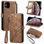 For iPhone XS Max Geometric Zipper Wallet Side Buckle Leather Phone Case(Brown)