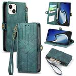 For iPhone 15 Geometric Zipper Wallet Side Buckle Leather Phone Case(Green)