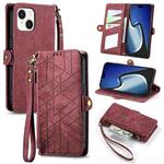 For iPhone 15 Plus Geometric Zipper Wallet Side Buckle Leather Phone Case(Red)