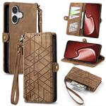 For iPhone 16 Geometric Zipper Wallet Side Buckle Leather Phone Case(Brown)