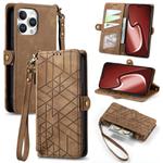 For iPhone 16 Pro Geometric Zipper Wallet Side Buckle Leather Phone Case(Brown)