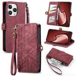 For iPhone 16 Pro Geometric Zipper Wallet Side Buckle Leather Phone Case(Red)