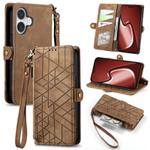 For iPhone 16 Plus Geometric Zipper Wallet Side Buckle Leather Phone Case(Brown)