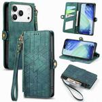For iPhone 17 Pro Geometric Zipper Wallet Side Buckle Leather Phone Case(Green)