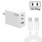 GaN PD65W Type-C x 2 + USB3.0 Charger with Type-C to Type-C Data Cable ,US Plug(White)