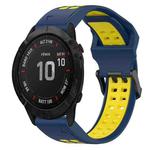 For Garmin Fenix 6X 26mm Two-Color Reverse Buckle Silicone Watch Band(Blue+Yellow)