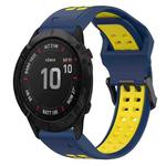 For Garmin Fenix 6X Pro 26mm Two-Color Reverse Buckle Silicone Watch Band(Blue+Yellow)