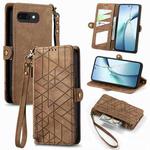 For Google Pixel 9a Geometric Zipper Wallet Side Buckle Leather Phone Case(Brown)