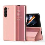 For Galaxy Z Fold 5 5G Plated Mirror Horizontal Flip Leather Case with Holder(Rose Gold)