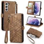 For Samsung Galaxy S22 Ultra 5G Geometric Zipper Wallet Side Buckle Leather Phone Case(Brown)