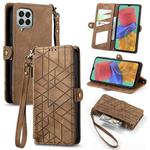 For Samsung Galaxy M33 Geometric Zipper Wallet Side Buckle Leather Phone Case(Brown)