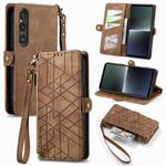 For Sony Xperia 1 V Geometric Zipper Wallet Side Buckle Leather Phone Case(Brown)