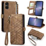 For Sony Xperia 5 V Geometric Zipper Wallet Side Buckle Leather Phone Case(Brown)