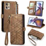 For Motorola Moto Edge 30 Fusion Geometric Zipper Wallet Side Buckle Leather Phone Case(Brown)