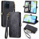 For Realme V11 Geometric Zipper Wallet Side Buckle Leather Phone Case(Black)