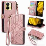 For Realme V30 Geometric Zipper Wallet Side Buckle Leather Phone Case(Pink)