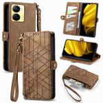 For Realme V30 Geometric Zipper Wallet Side Buckle Leather Phone Case(Brown)