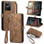 For Realme GT 3 5G Geometric Zipper Wallet Side Buckle Leather Phone Case(Brown)