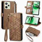 For Realme C35 Geometric Zipper Wallet Side Buckle Leather Phone Case(Brown)