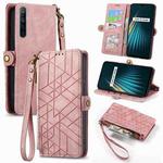 For Realme 5 / 5i / 6i Geometric Zipper Wallet Side Buckle Leather Phone Case(Pink)