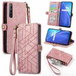 For Realme 6 Geometric Zipper Wallet Side Buckle Leather Phone Case(Pink)