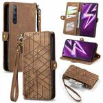 For Realme 6 Pro Geometric Zipper Wallet Side Buckle Leather Phone Case(Brown)