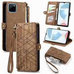 For Realme C21Y/C25Y Geometric Zipper Wallet Side Buckle Leather Phone Case(Brown)