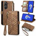 For ASUS Zenfone 10 Geometric Zipper Wallet Side Buckle Leather Phone Case(Brown)