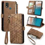 For Nokia C21 Plus Geometric Zipper Wallet Side Buckle Leather Phone Case(Brown)