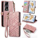 For Honor 90 Pro Geometric Zipper Wallet Side Buckle Leather Phone Case(Pink)