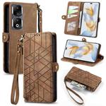 For Honor 90 Pro Geometric Zipper Wallet Side Buckle Leather Phone Case(Brown)