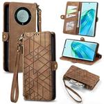 For Honor X9A Geometric Zipper Wallet Side Buckle Leather Phone Case(Brown)