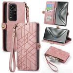 For Honor V40 Geometric Zipper Wallet Side Buckle Leather Phone Case(Pink)