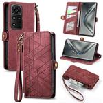 For Honor V40 Geometric Zipper Wallet Side Buckle Leather Phone Case(Red)